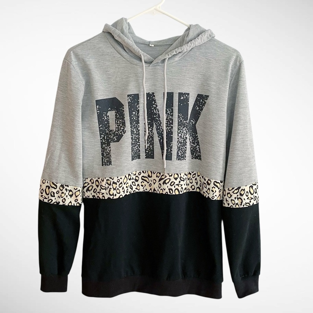 PINK Pullover Gray/Black Hoodie with Animal Print, Long Sleeves